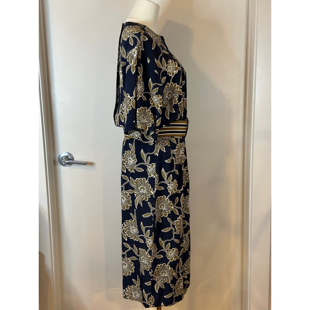 Vintage 90s Liz Claiborne 100% Silk Dress Size 12 Blue Floral Print Belt Modest - Picture 4 of 10